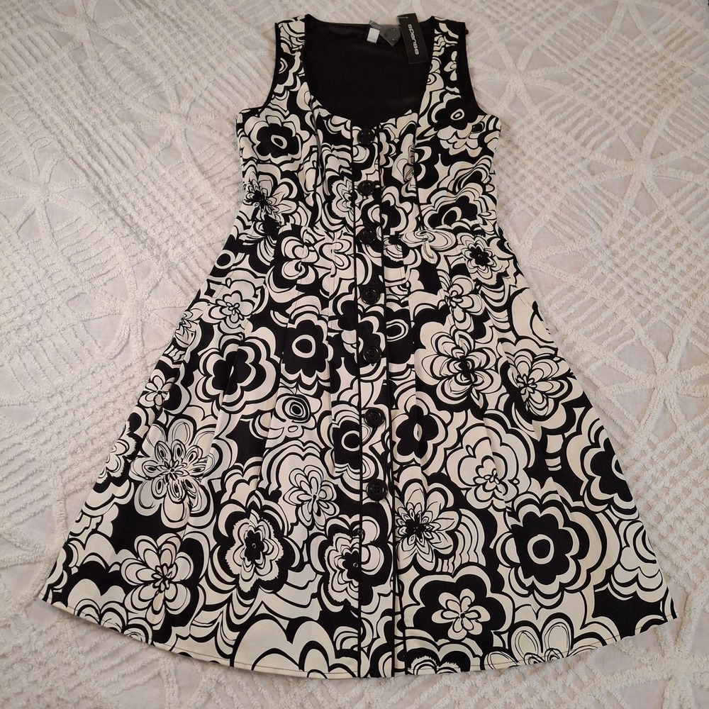 Spense Womens Size 6 Black White Floral Button Front‎ Fit Flare Dress Retro  NWT
